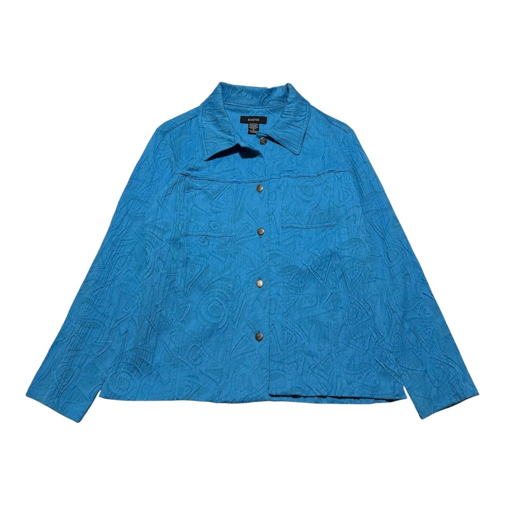 KAKTUS Cotton Blend Blue Geometric‎ Patterned Button Jacket Women's Medium